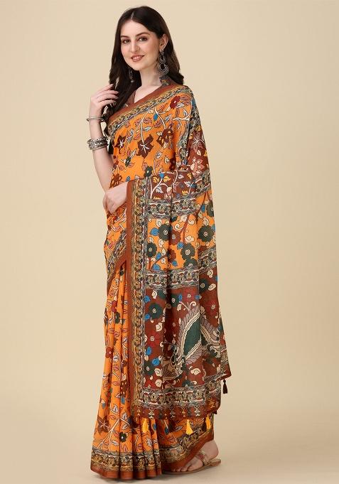 Orange Digital Print Linen Saree set