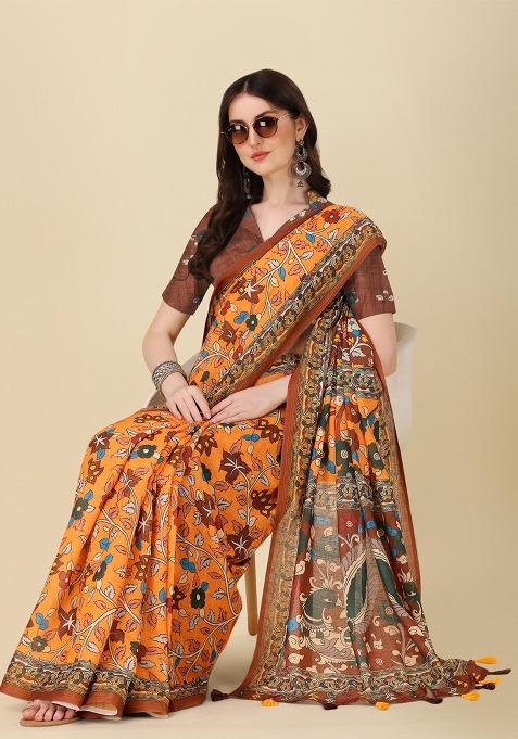 Orange Digital Print Linen Saree set