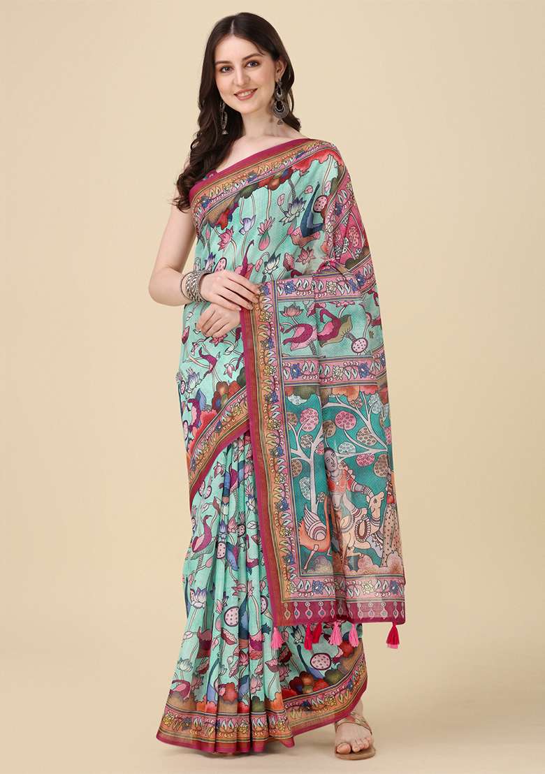 Sky Blue Digital Print Linen Saree set for Diwali and Festive Wear - Indya