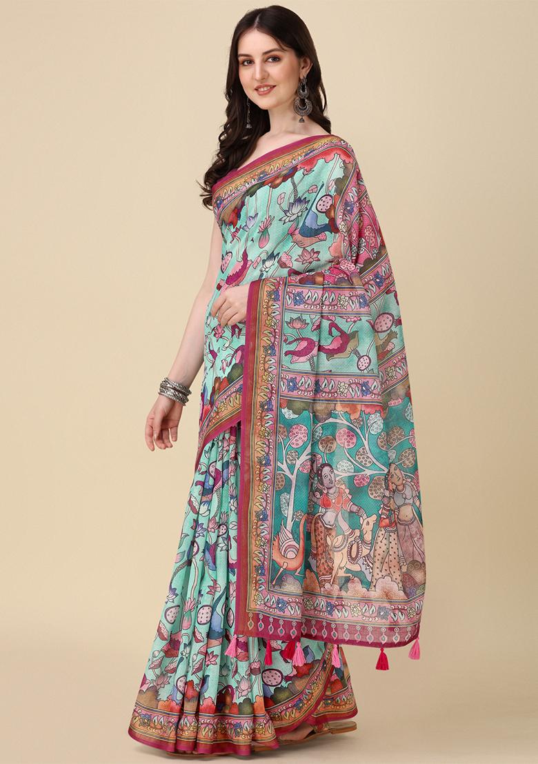 Sky Blue Digital Print Linen Saree set