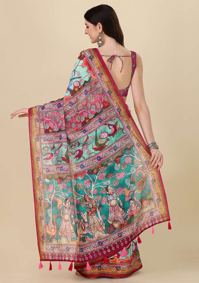 Sky Blue Digital Print Linen Saree set for Diwali and Festive Wear - Indya