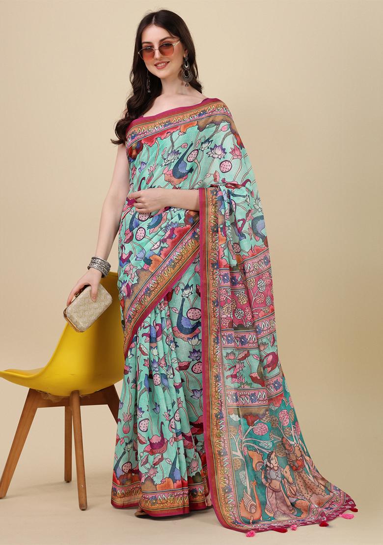 Sky Blue Digital Print Linen Saree set