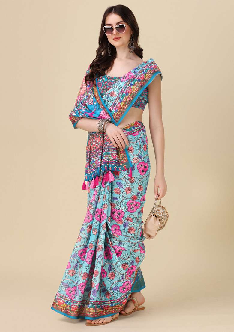 Sky Blue Linen Saree set with Digital Print for Diwali | Wedding & Festive Wear - Indya