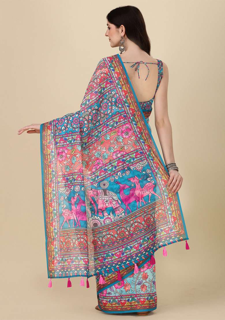 Sky Blue Linen Saree set with Digital Print for Diwali | Wedding & Festive Wear - Indya