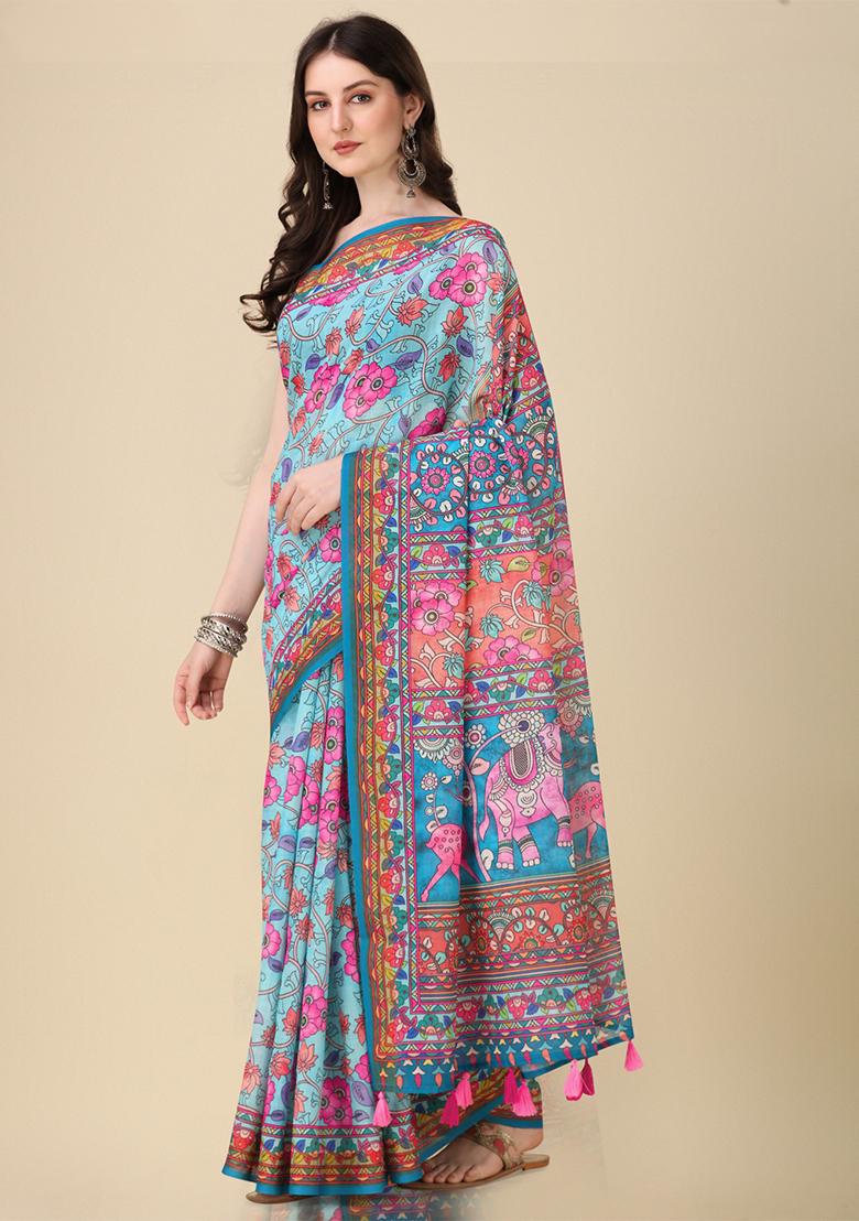 Sky Blue Digital Print Linen Saree set