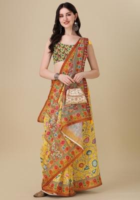 Yellow Digital Print Linen Saree set