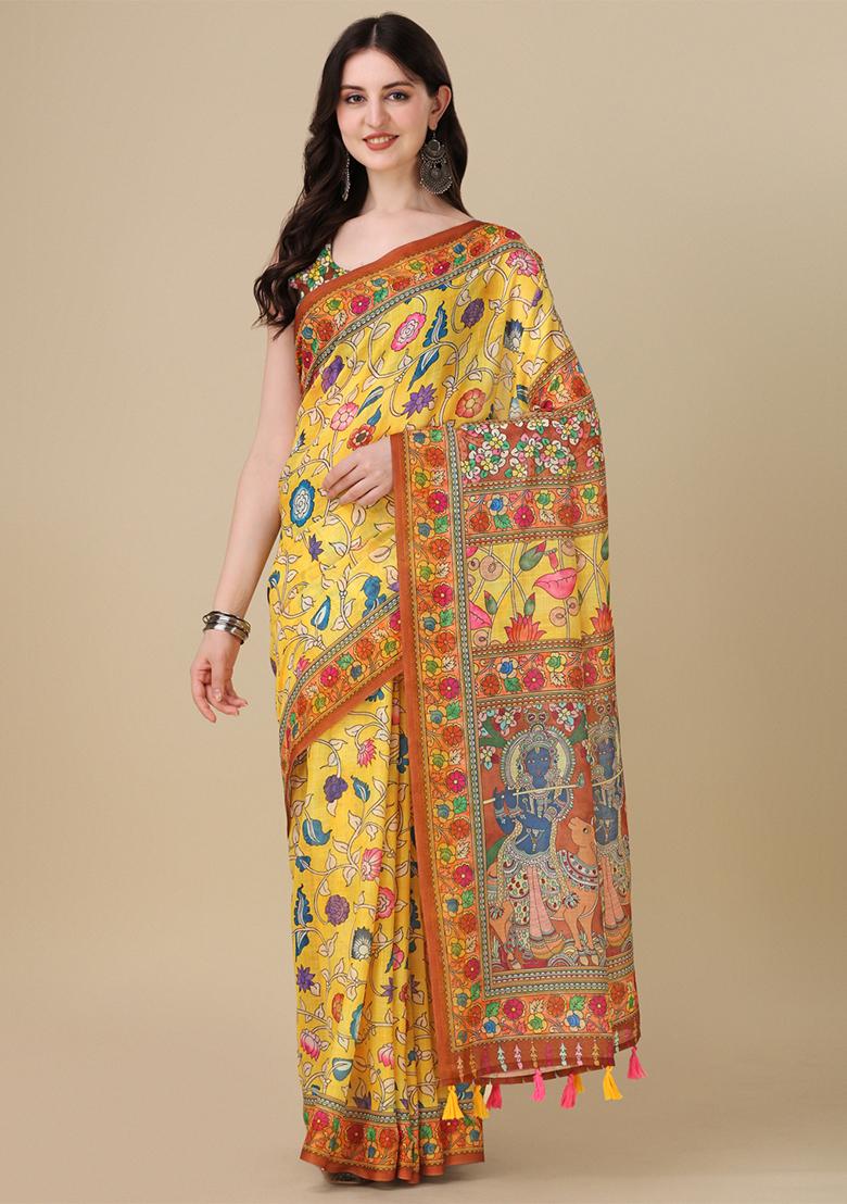 Yellow Digital Print Linen Saree set