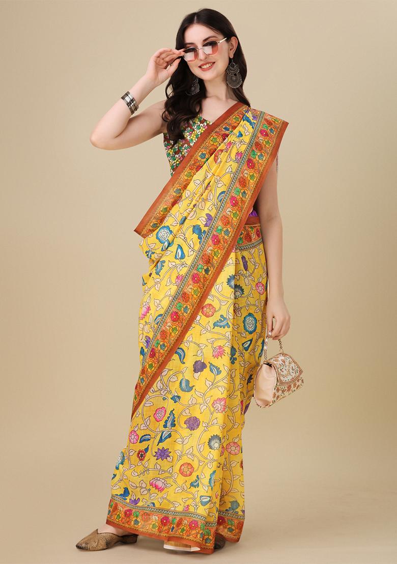 Yellow Digital Print Linen Saree set