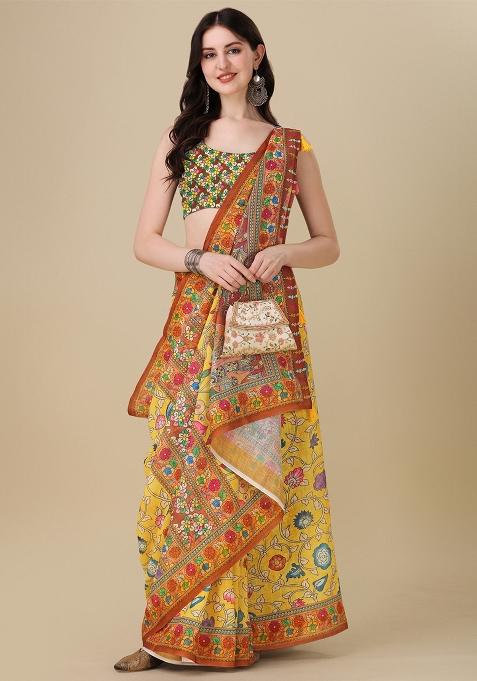 Yellow Digital Print Linen Saree set