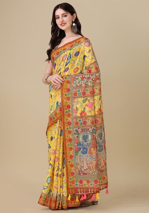 Yellow Digital Print Linen Saree set