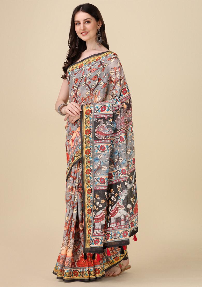 Grey Digital Print Linen Saree set