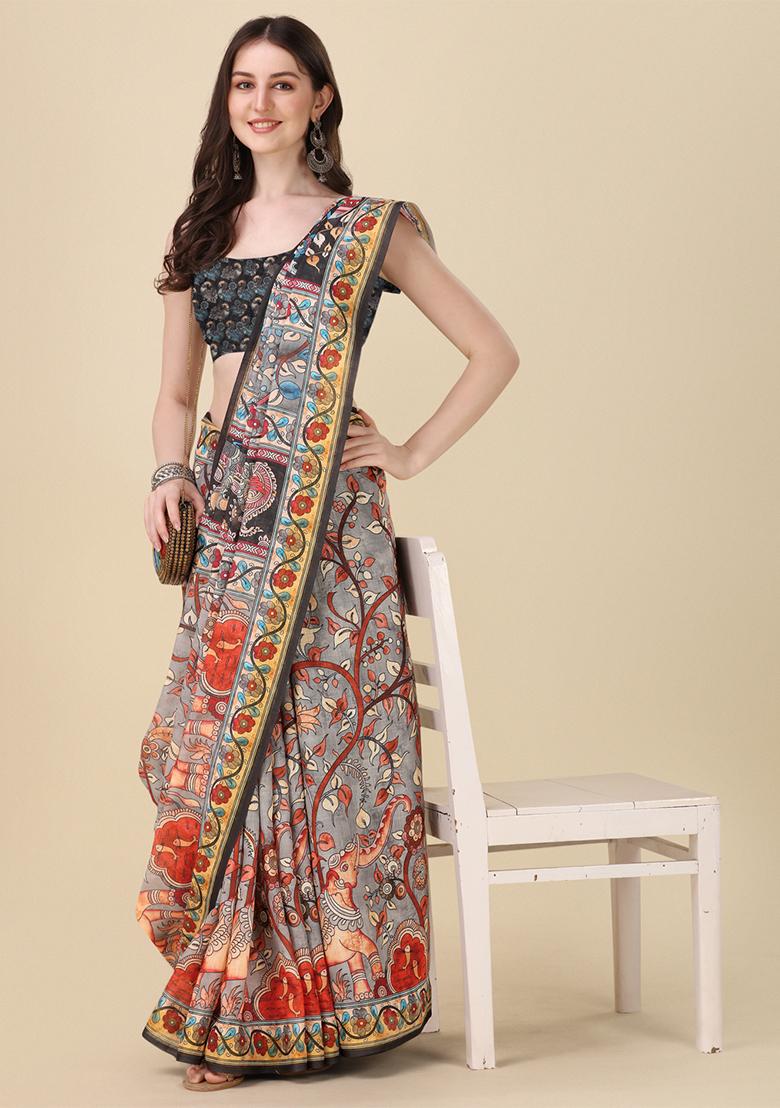 Grey Digital Print Linen Saree set
