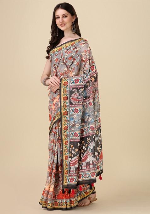 Grey Digital Print Linen Saree set