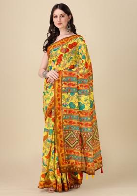Yellow Digital Print Linen Saree set