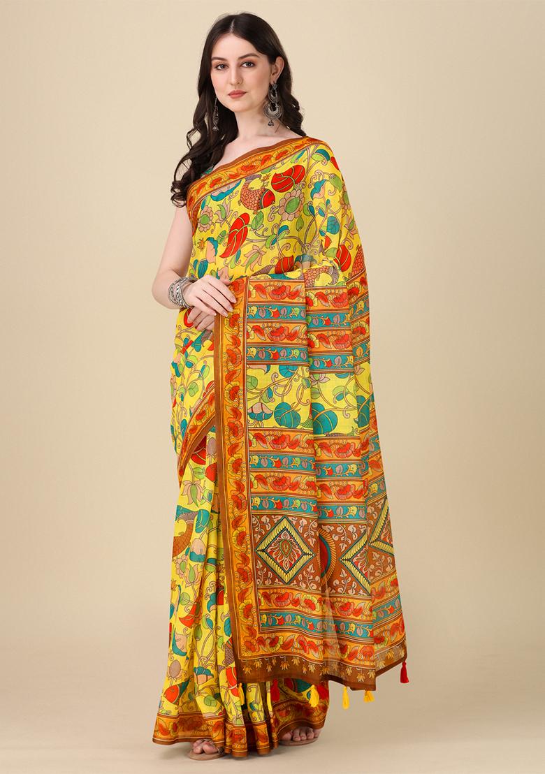Yellow Digital Print Linen Saree set