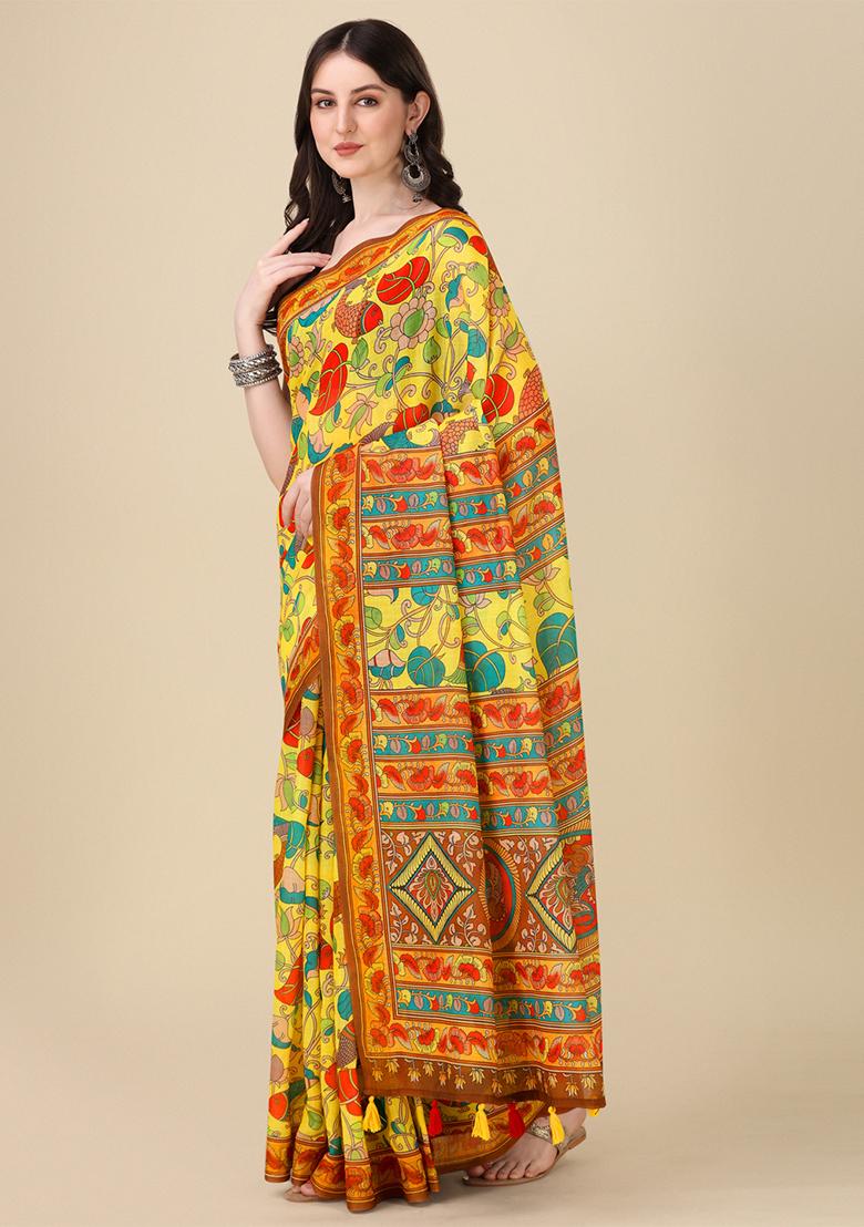 Yellow Digital Print Linen Saree set