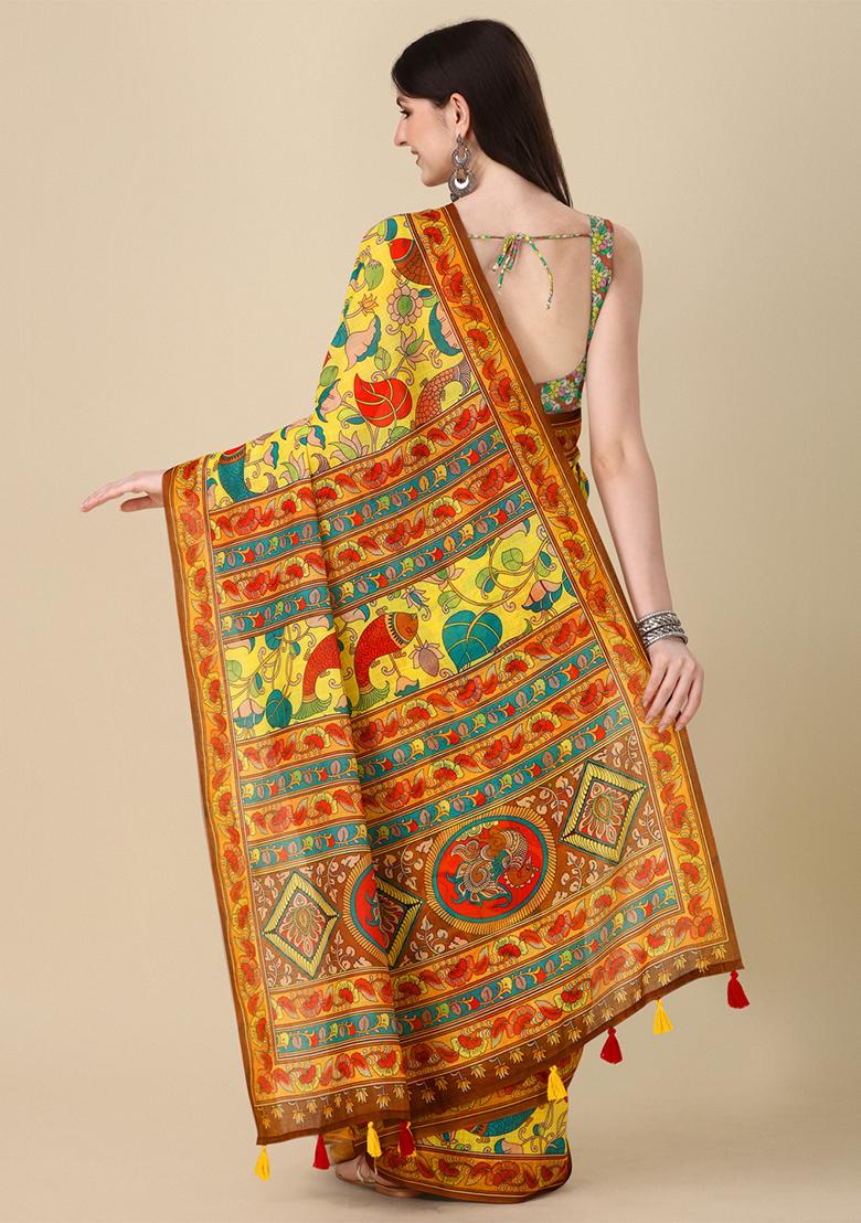 Yellow Digital Print Linen Saree set