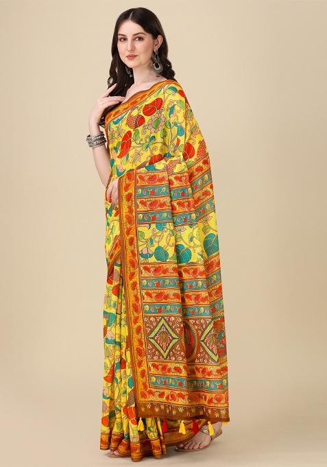 Yellow Digital Print Linen Saree set