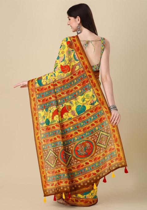 Yellow Digital Print Linen Saree set