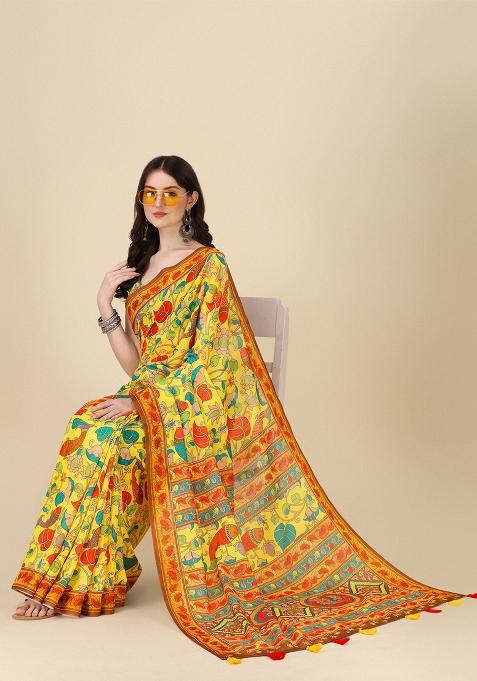 Yellow Digital Print Linen Saree set