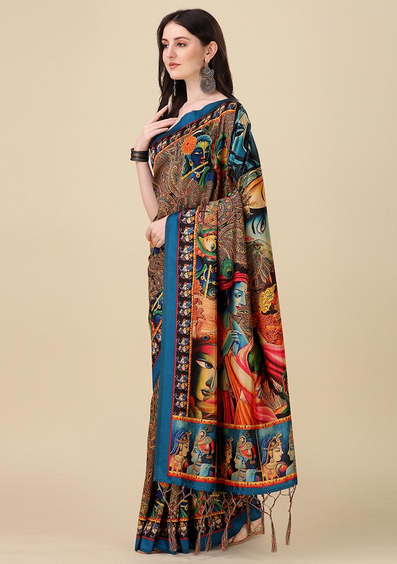 Multicolor Digital Print Silk Saree set