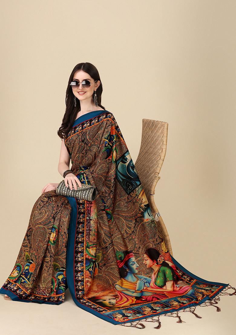 Multicolor Digital Print Silk Saree set