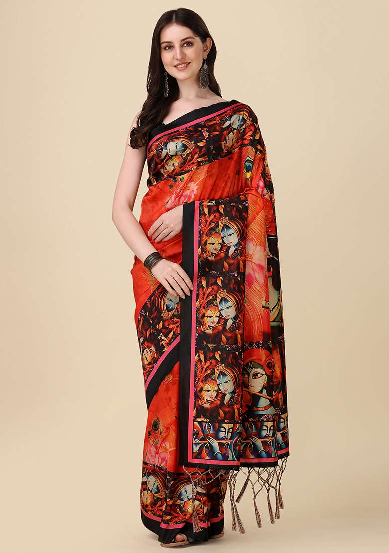 Multicolor Silk Blend Saree set with Digital Print for Diwali | Wedding & Festive Wear - Indya