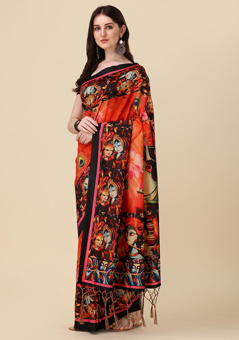 Multicolor Digital Print Silk Saree set