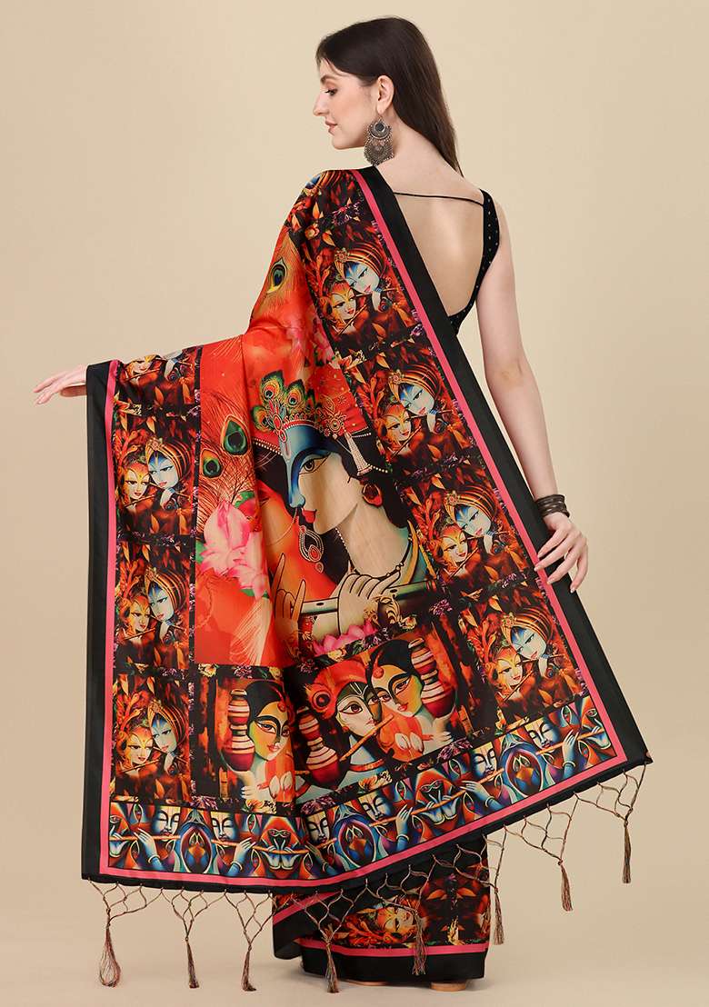 Multicolor Silk Blend Saree set with Digital Print for Diwali | Wedding & Festive Wear - Indya