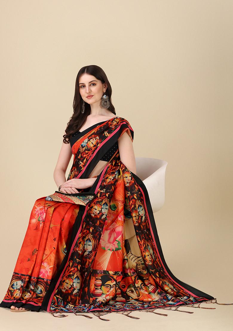 Multicolor Digital Print Silk Saree set