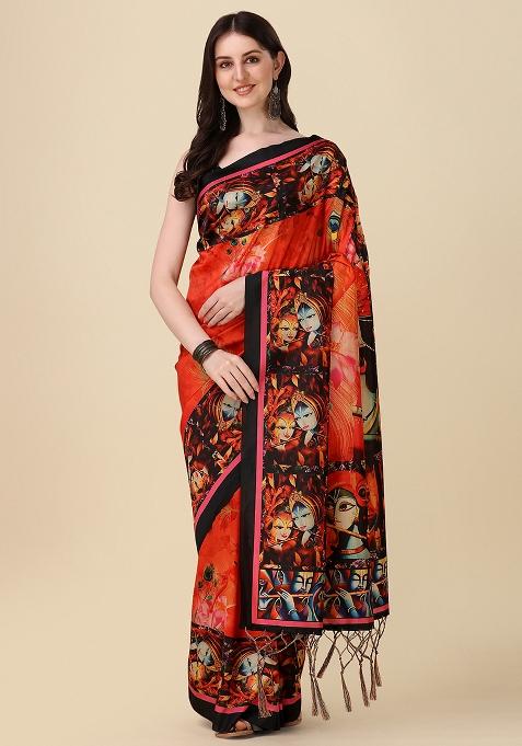 Multicolor Digital Print Silk Saree set