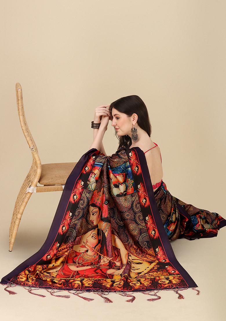 Multicolor Digital Print Silk Saree set