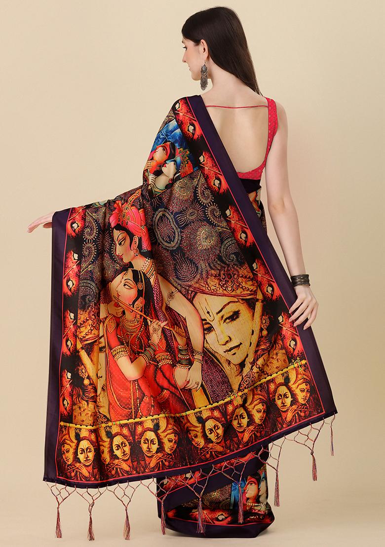 Multicolor Digital Print Silk Saree set