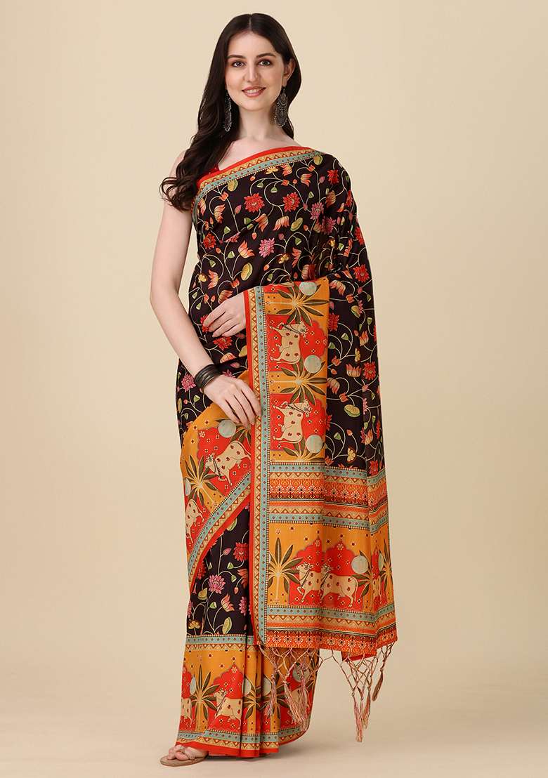 Multicolor Digital Print Silk Blend Saree set for Diwali and Festive Wear - Indya