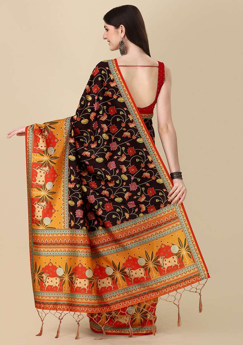 Multicolor Digital Print Silk Blend Saree set for Diwali and Festive Wear - Indya