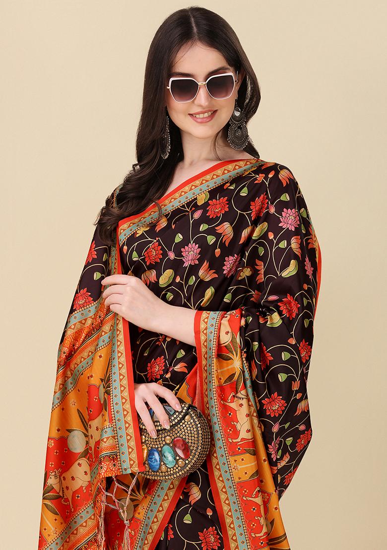 Multicolor Digital Print Silk Saree set
