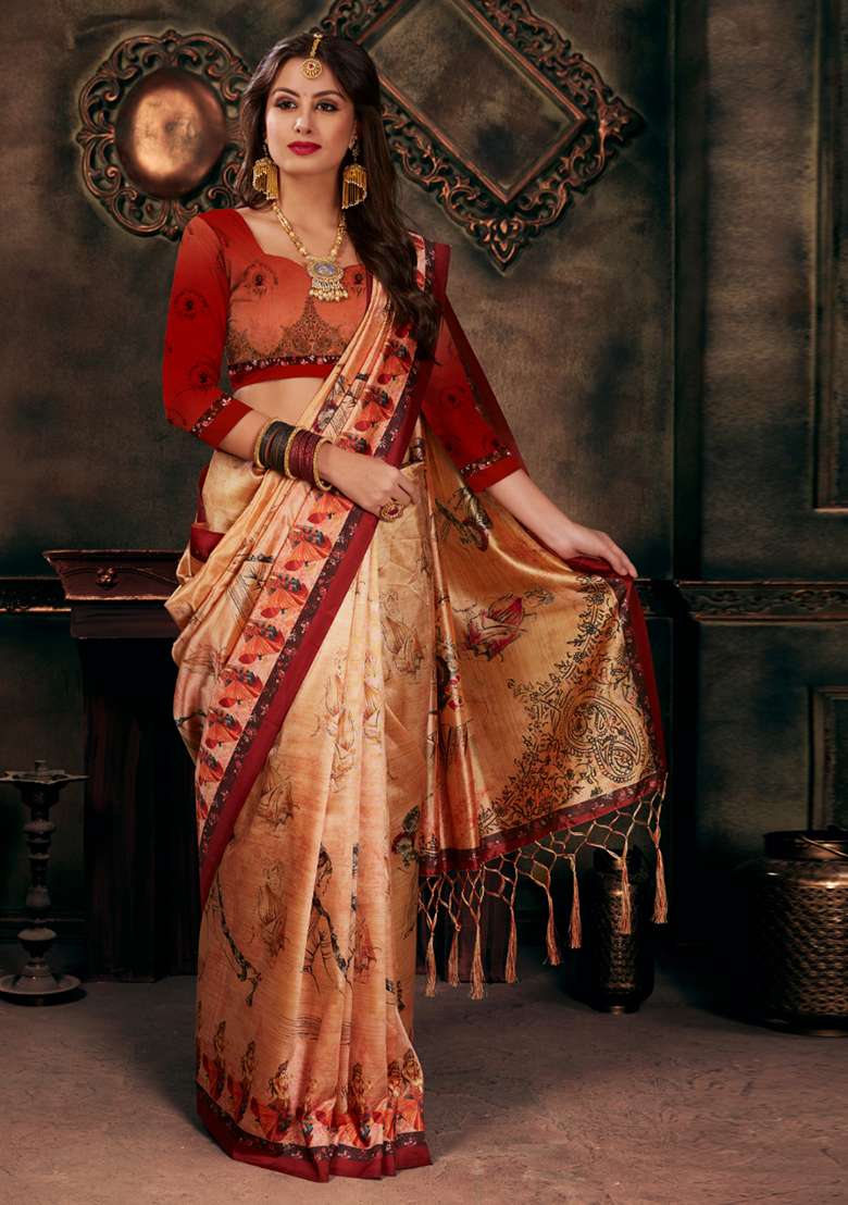 Multicolor Silk Blend Saree set with Digital Print for Diwali | Wedding & Festive Wear - Indya