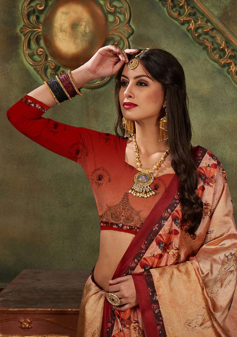 Multicolor Silk Blend Saree set with Digital Print for Diwali | Wedding & Festive Wear - Indya