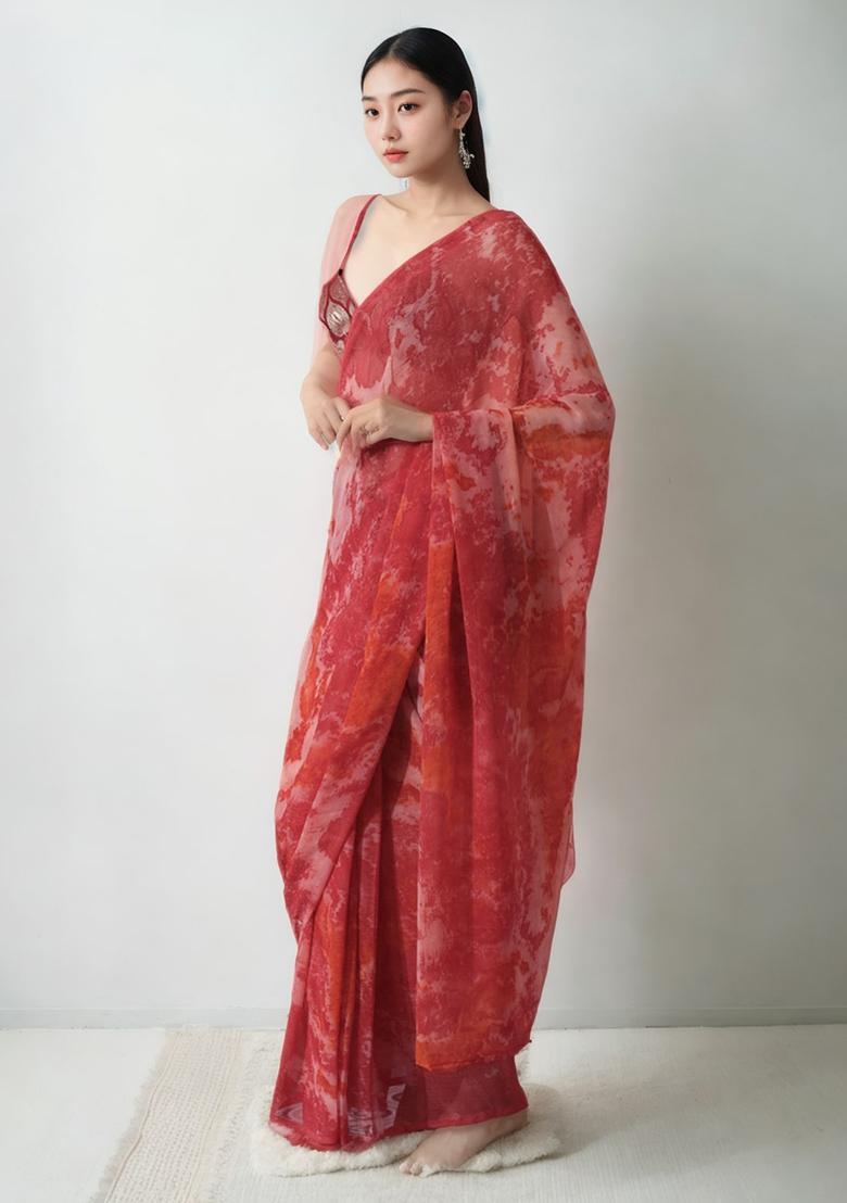 Gajri Pink Printed Chiffon Saree set