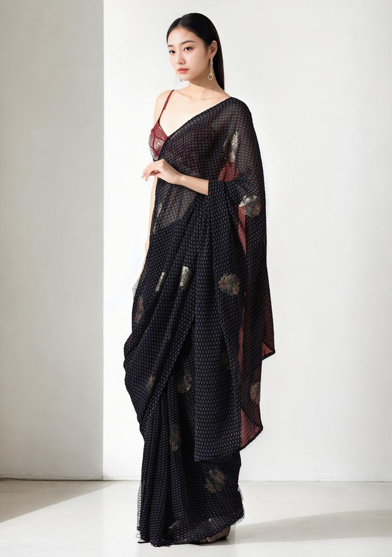 Black Printed Chiffon Saree set