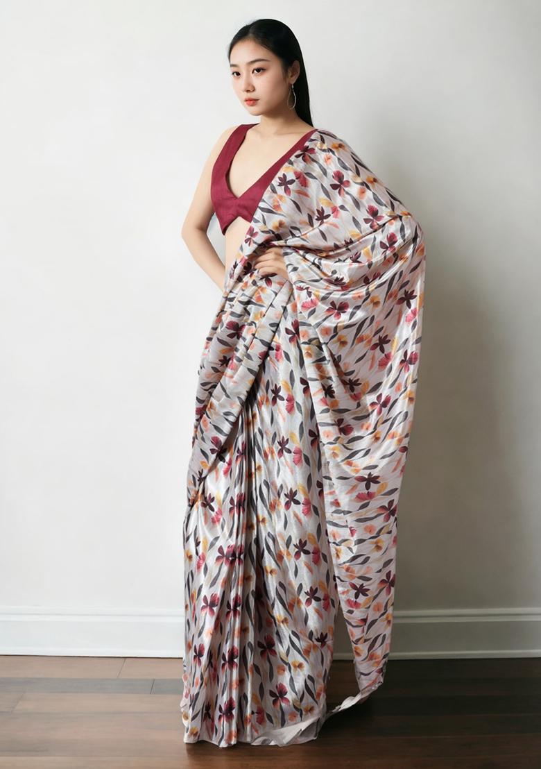 Multicolor Digital Print Chinon Saree set