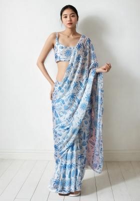 Sky Blue Digital Print Chinon Saree set