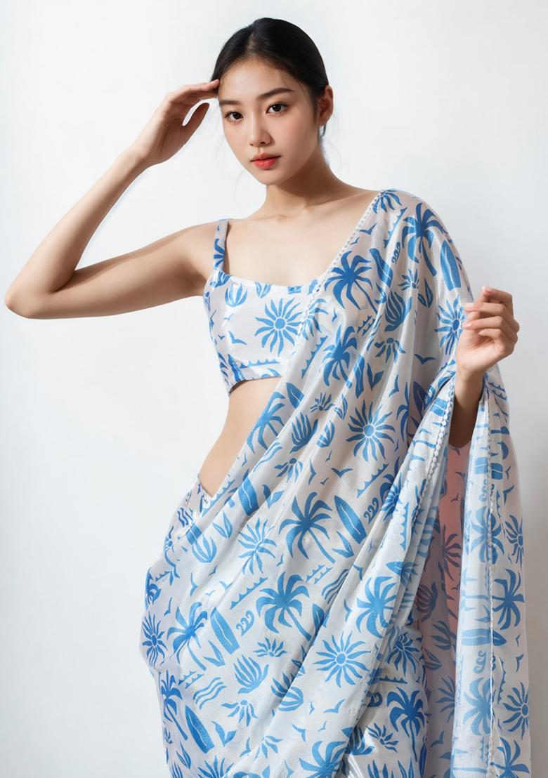 Sky Blue Digital Print Chinon Saree set