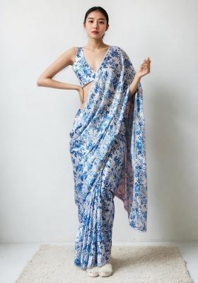 Blue Digital Print Chinon Saree set