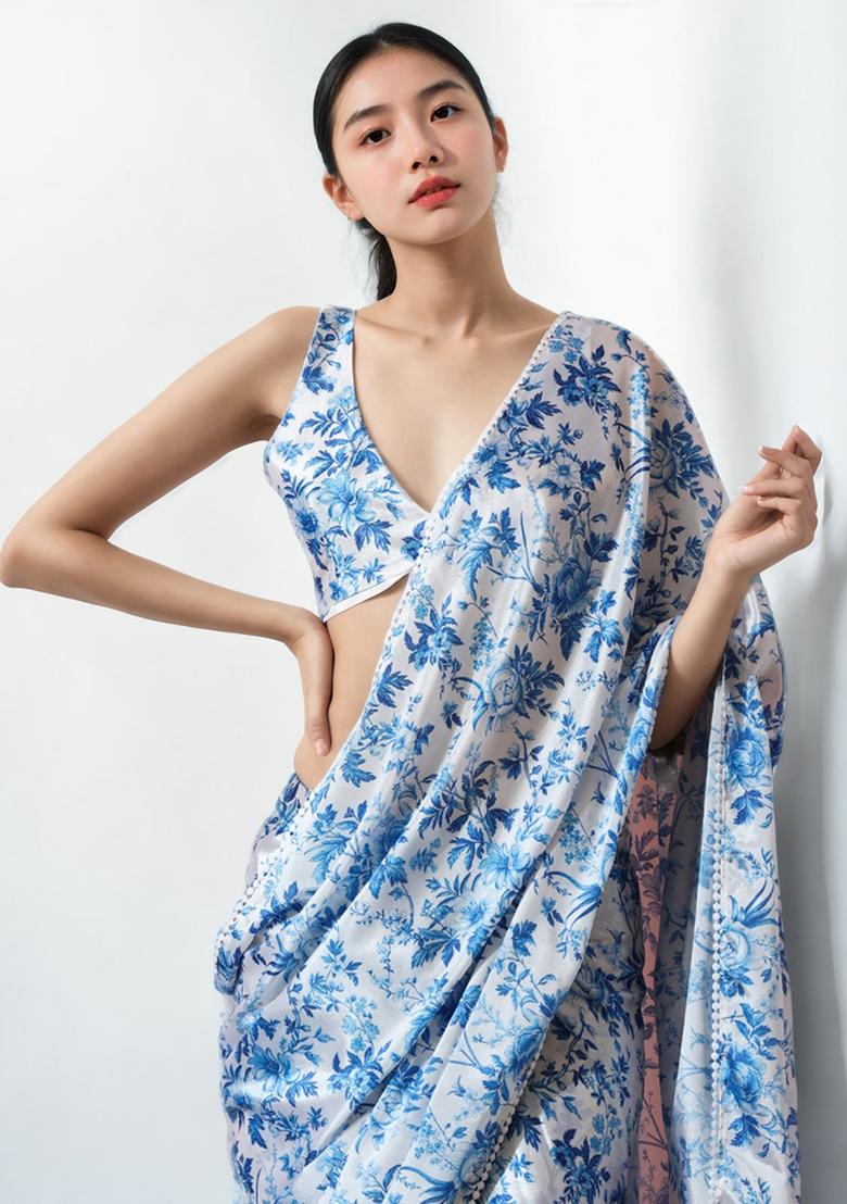 Blue Digital Print Chinon Saree set