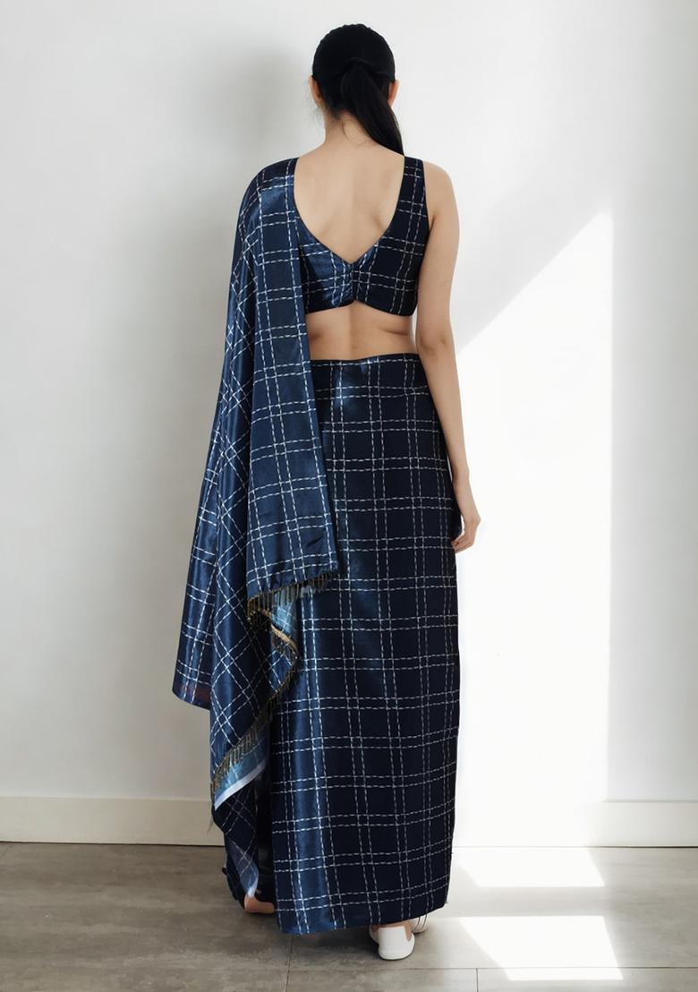 Navy Blue Digital Print Chinon Saree set