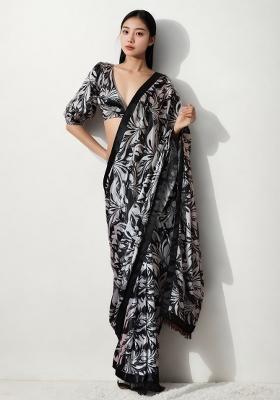 Black Digital Print Chinon Saree set