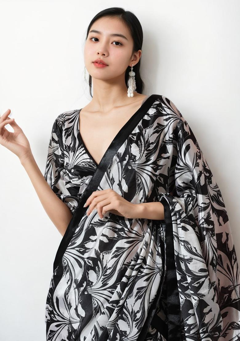 Black Digital Print Chinon Saree set