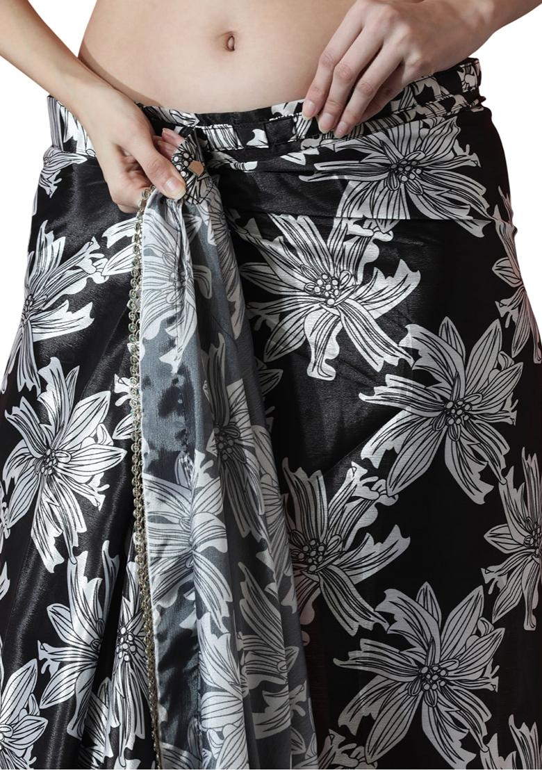 Black Digital Print Chinon Saree set