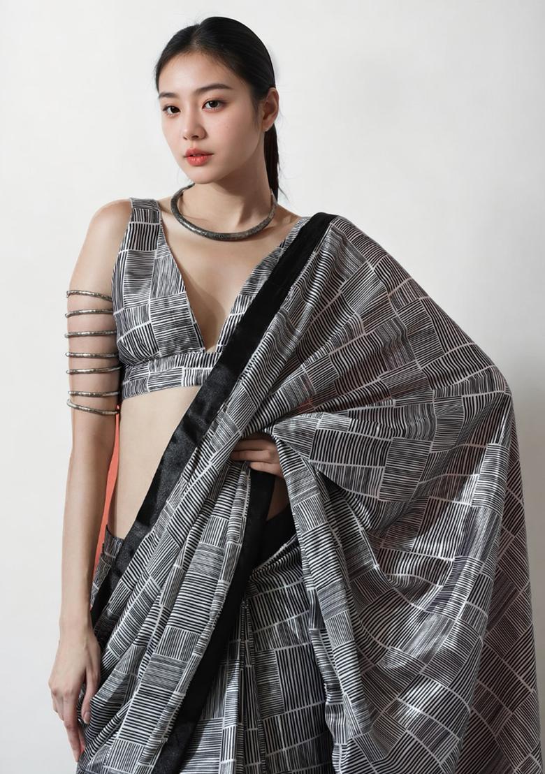 Grey Digital Print Chinon Saree set